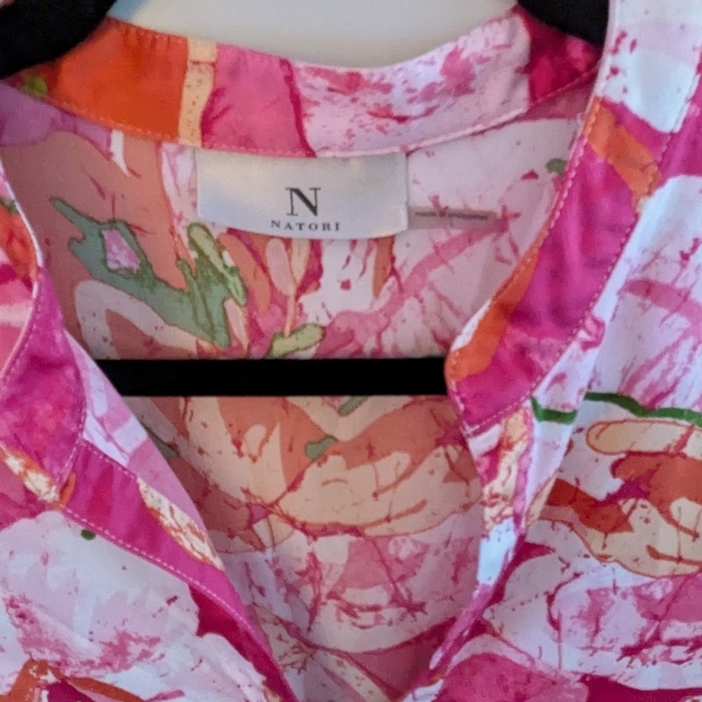 Natori Floral Boho Coastal Elegant V-Neck Blouse Pink Orange Watercolor Bloom - Picture 4 of 16